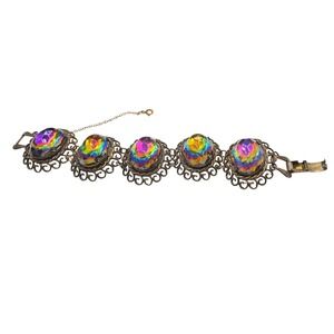 Vintage Watermelon Brass Filigree Statement Link Bracelet with safety chain